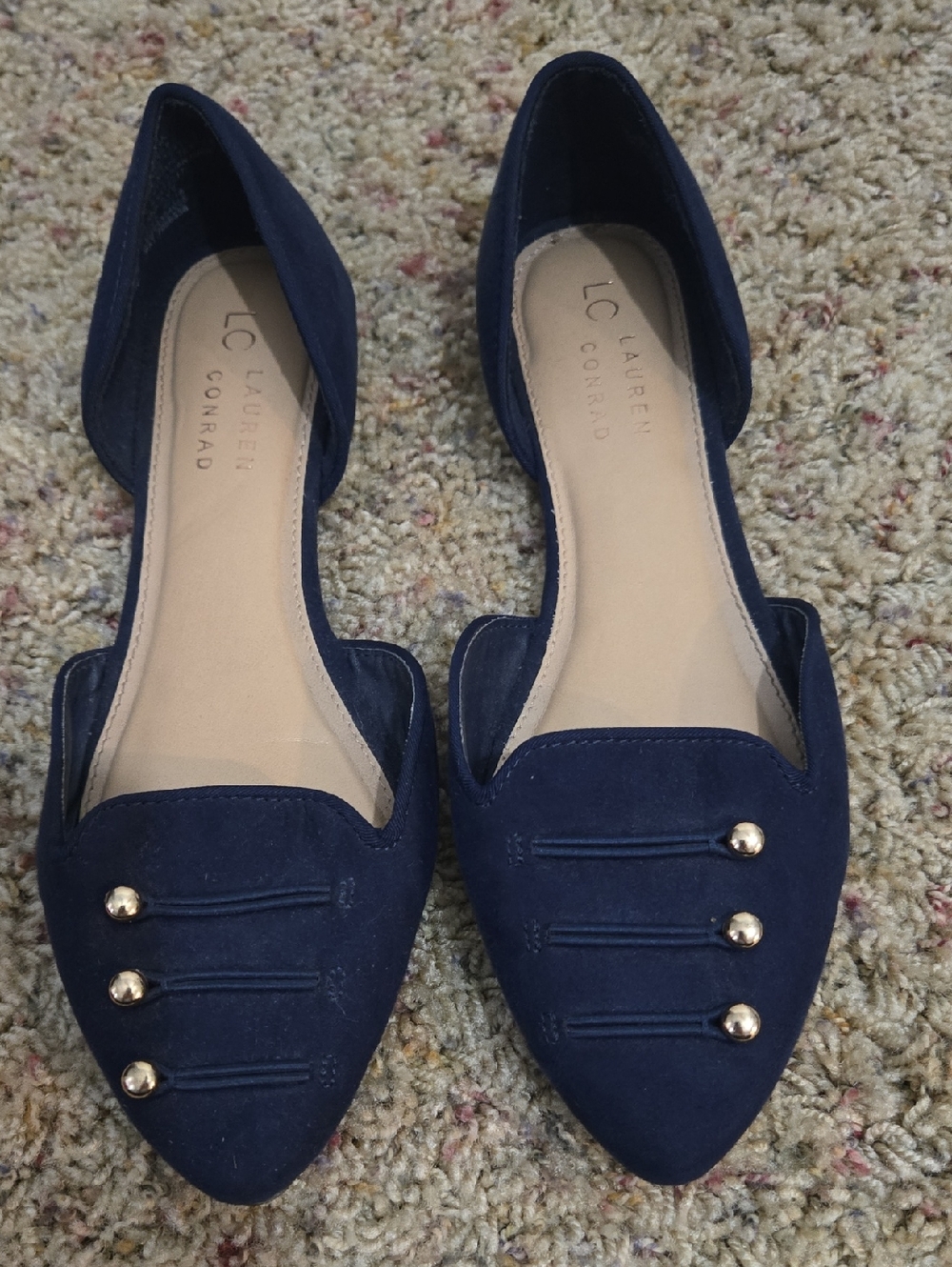 LC Lauren Conrad Navy Suede Pointed D'Orsay Flats with Gold Studs